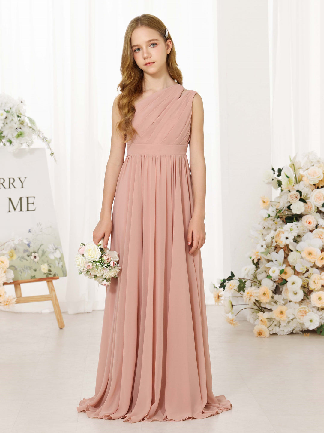 A-Line/Princess Chiffon Sleeveless One-Shoulder Floor-Length  Flower Girl Dresses