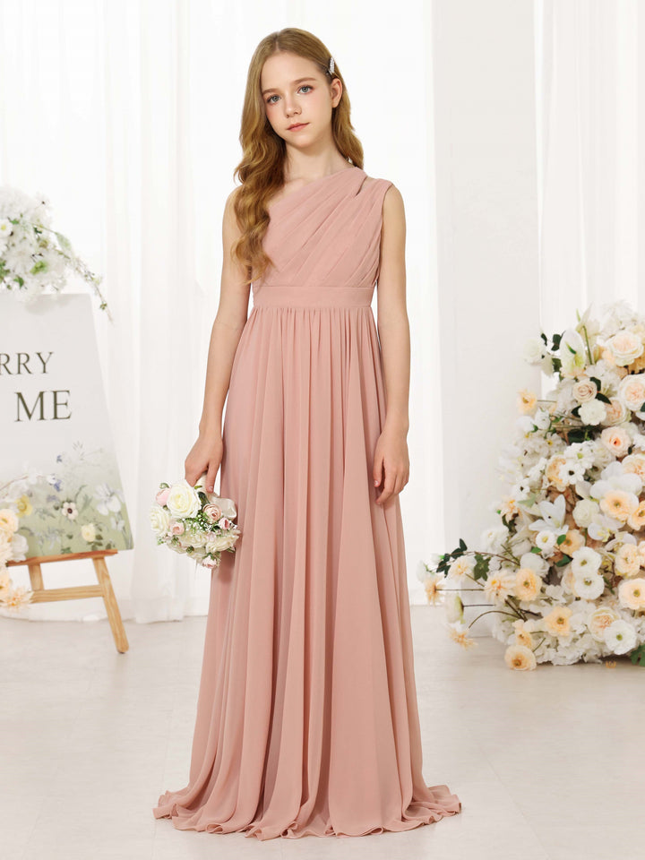 A-Line/Princess Chiffon Sleeveless One-Shoulder Floor-Length  Flower Girl Dresses