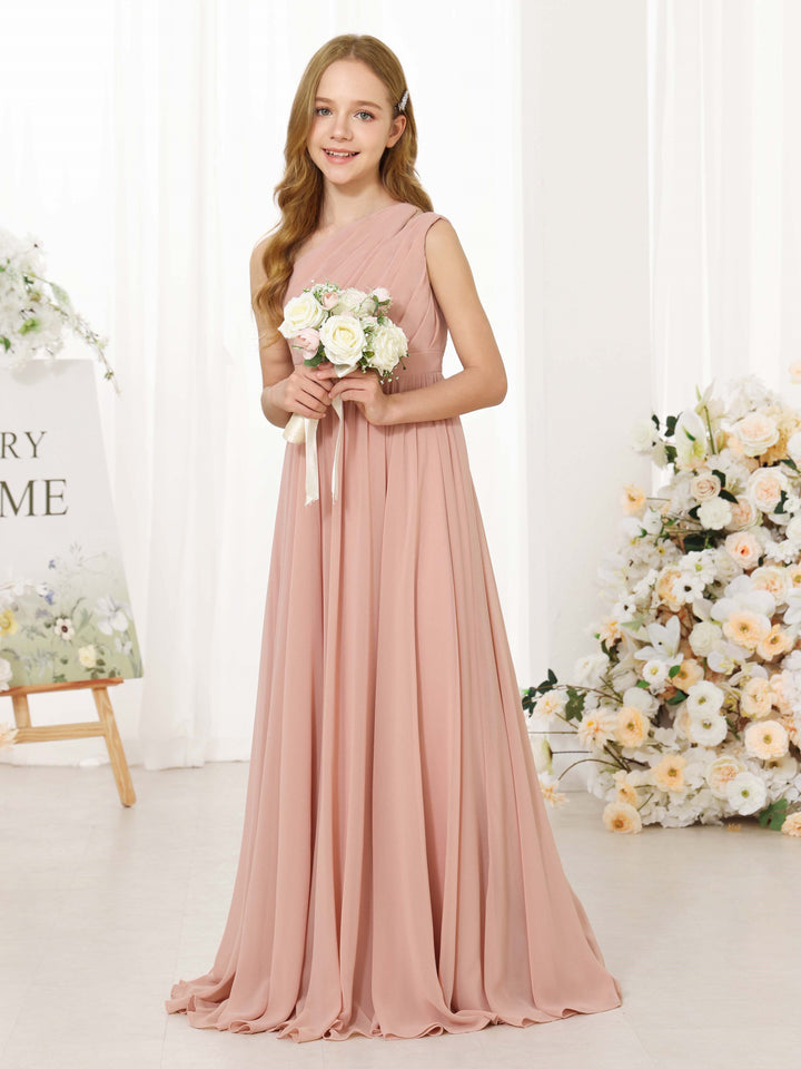 A-Line/Princess Chiffon Sleeveless One-Shoulder Floor-Length  Flower Girl Dresses