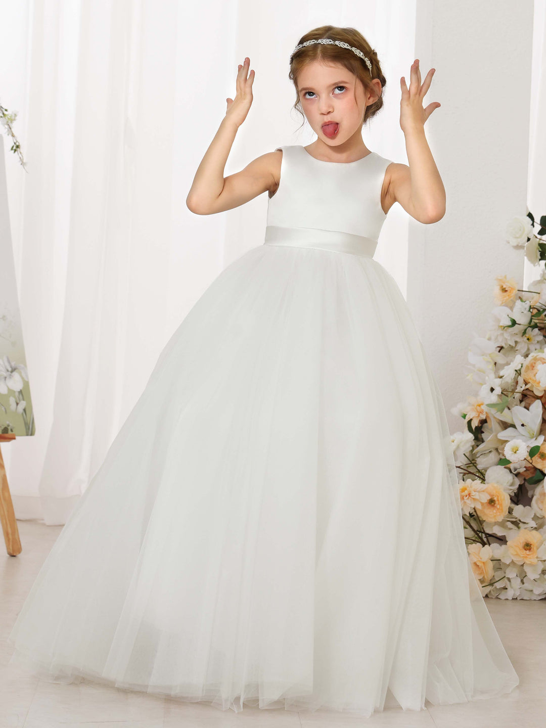 Ball-Gown Tulle Satin Sleeveless Scoop Neck Floor-Length  Flower Girl Dresses