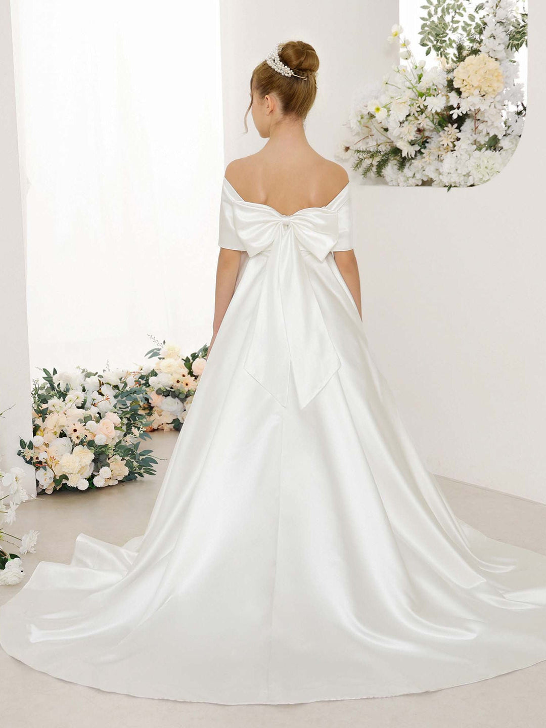 Empire Satin Short Sleeves Off-the-shoulder Floor-Length  Flower Girl Dresses