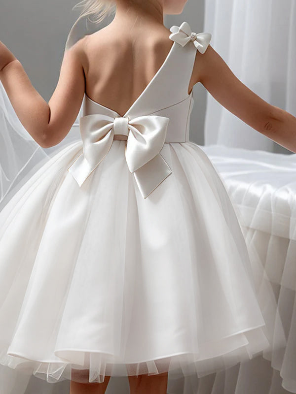 A-Line/Princess Satin One-Shoulder Sleeveless Knee-length Bow(s) Flower Girl Dresses