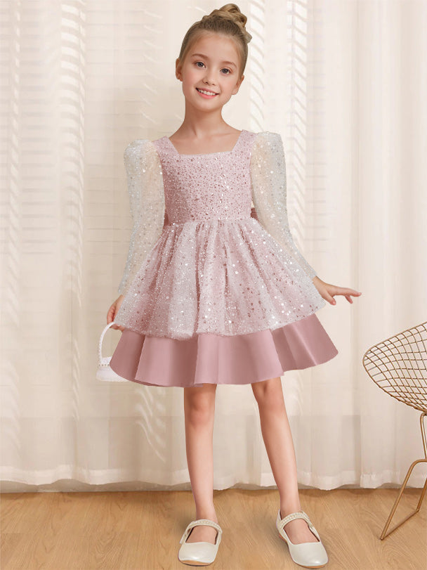 A-Line/Princess Square Neck Long Sleeves Knee-Length Flower Girl Dress with Bowknot