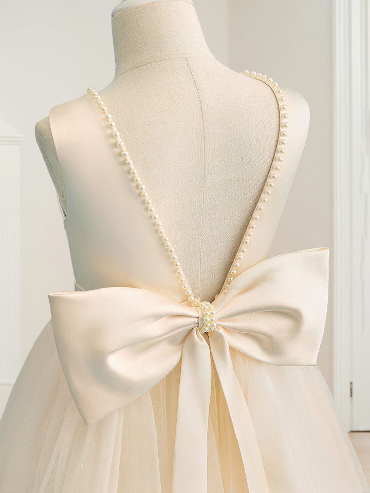 Ball Gown Scoop Neck Sleeveless Knee-Length Flower Girl Dress with Beads,Pearls & Bowknot