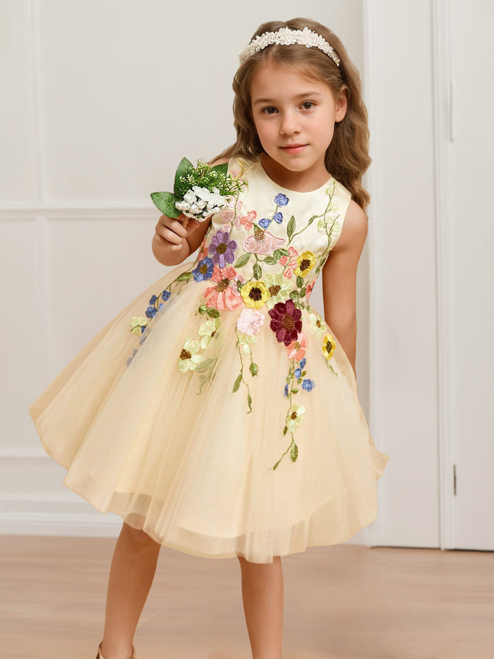 A-Line/Princess Scoop Neck Sleeveless Knee-Length Flower Girl Dress with 3D Flowers & Bowknot