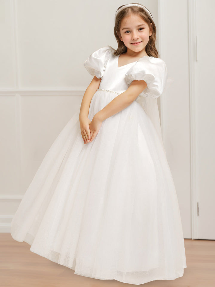 Ball Gown V-Neck Short Sleeves Floor-Length Flower Girl Dress with Beads & Bowknot