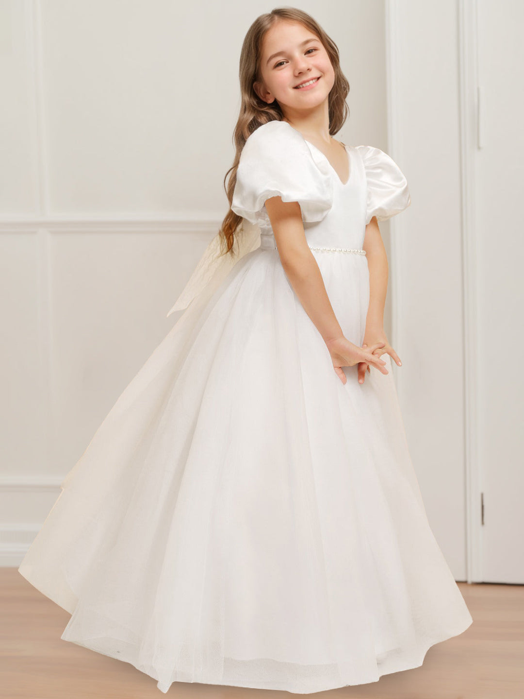Ball Gown V-Neck Short Sleeves Floor-Length Flower Girl Dress with Beads & Bowknot