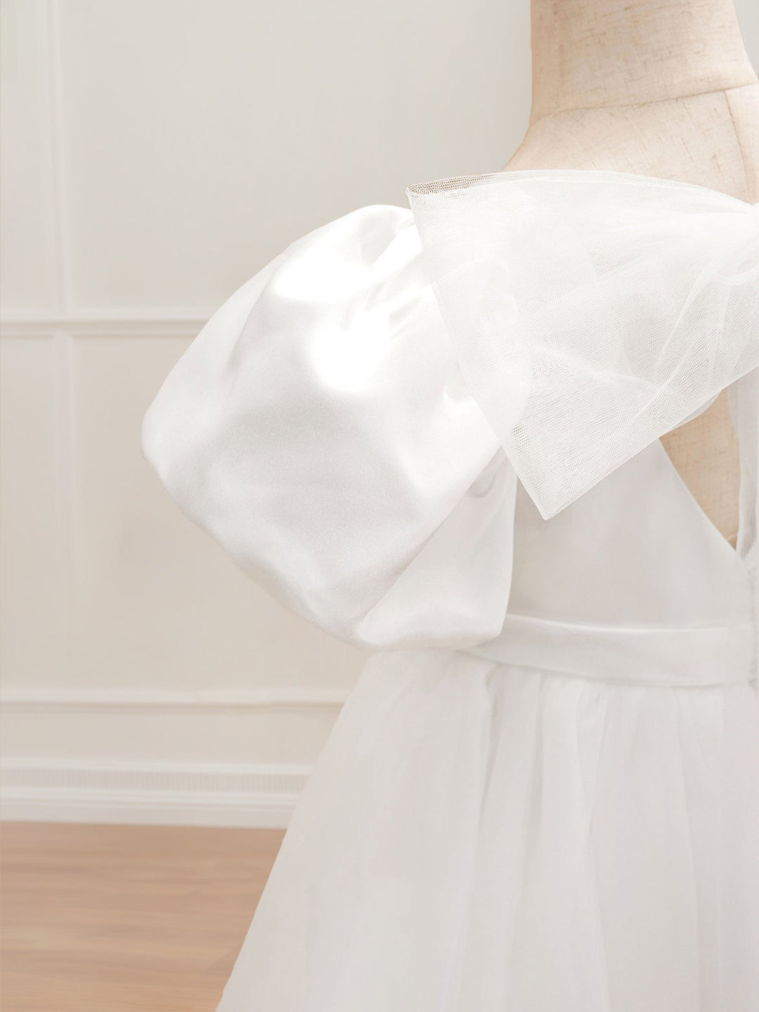 Ball Gown V-Neck Short Sleeves Floor-Length Flower Girl Dress with Beads & Bowknot