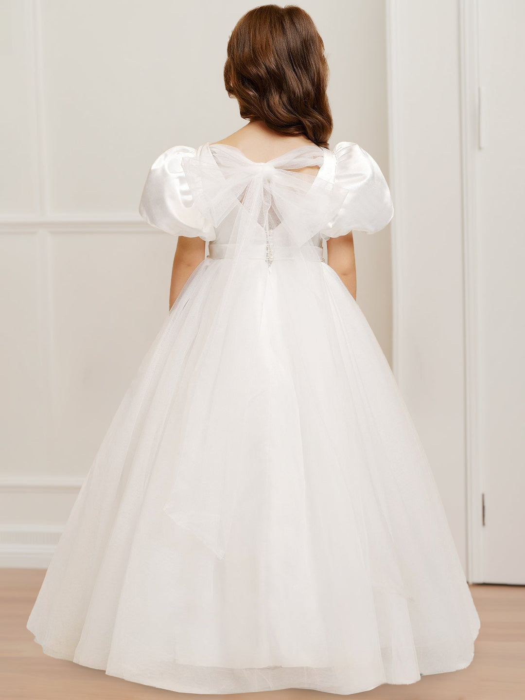 Ball Gown V-Neck Short Sleeves Floor-Length Flower Girl Dress with Beads & Bowknot