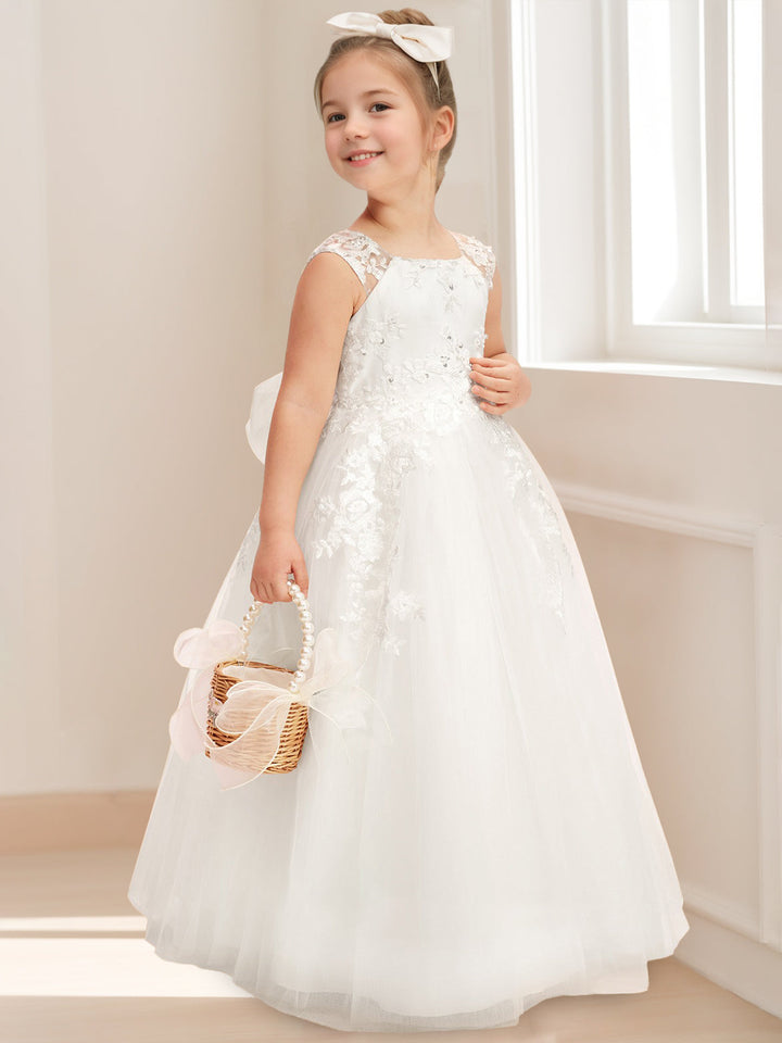 Ball Gown Scoop Neck Sleeveless Knee-Length Flower Girl Dress with Lace Appliques & Bowknot