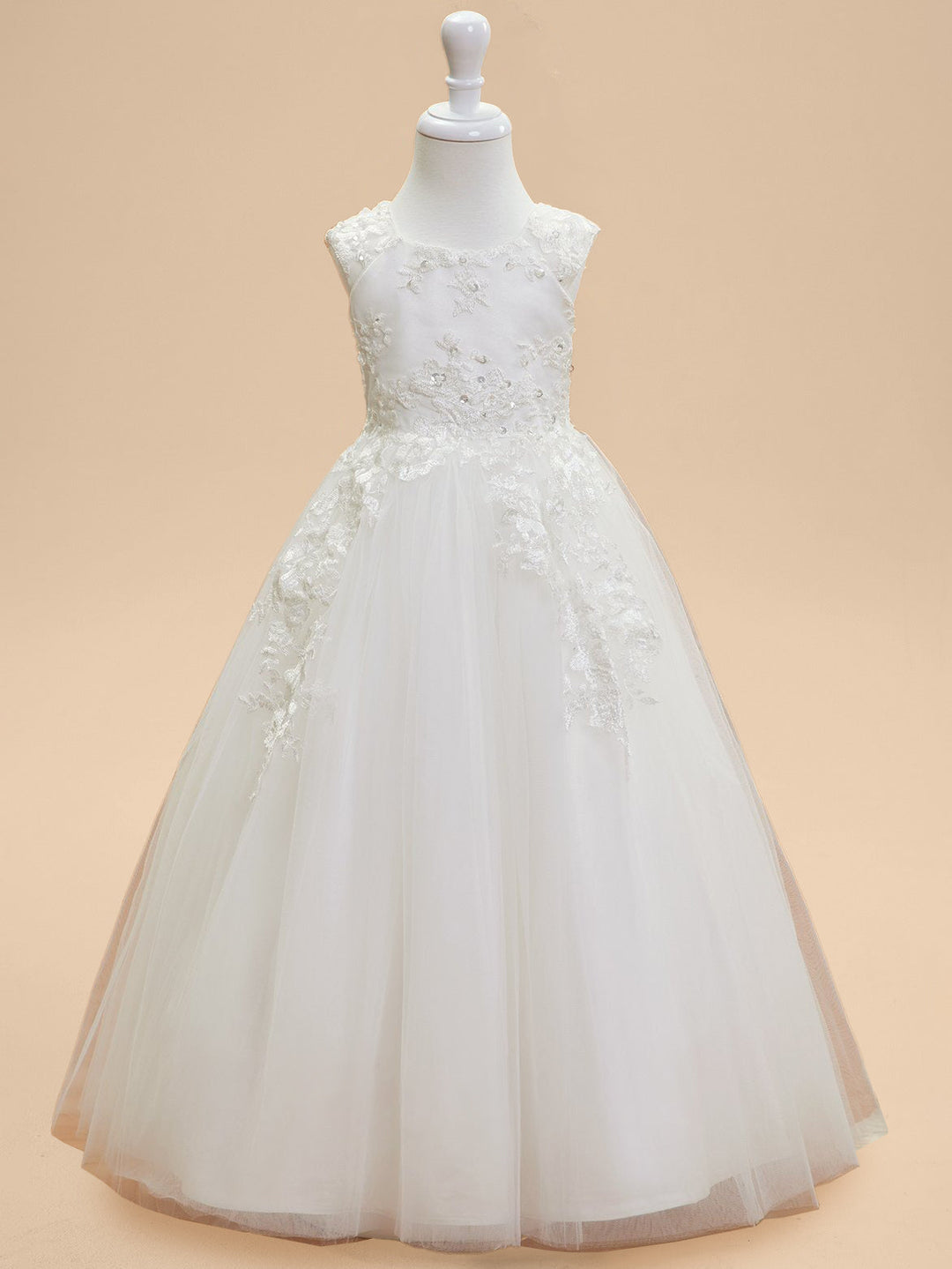 Ball Gown Scoop Neck Sleeveless Knee-Length Flower Girl Dress with Lace Appliques & Bowknot