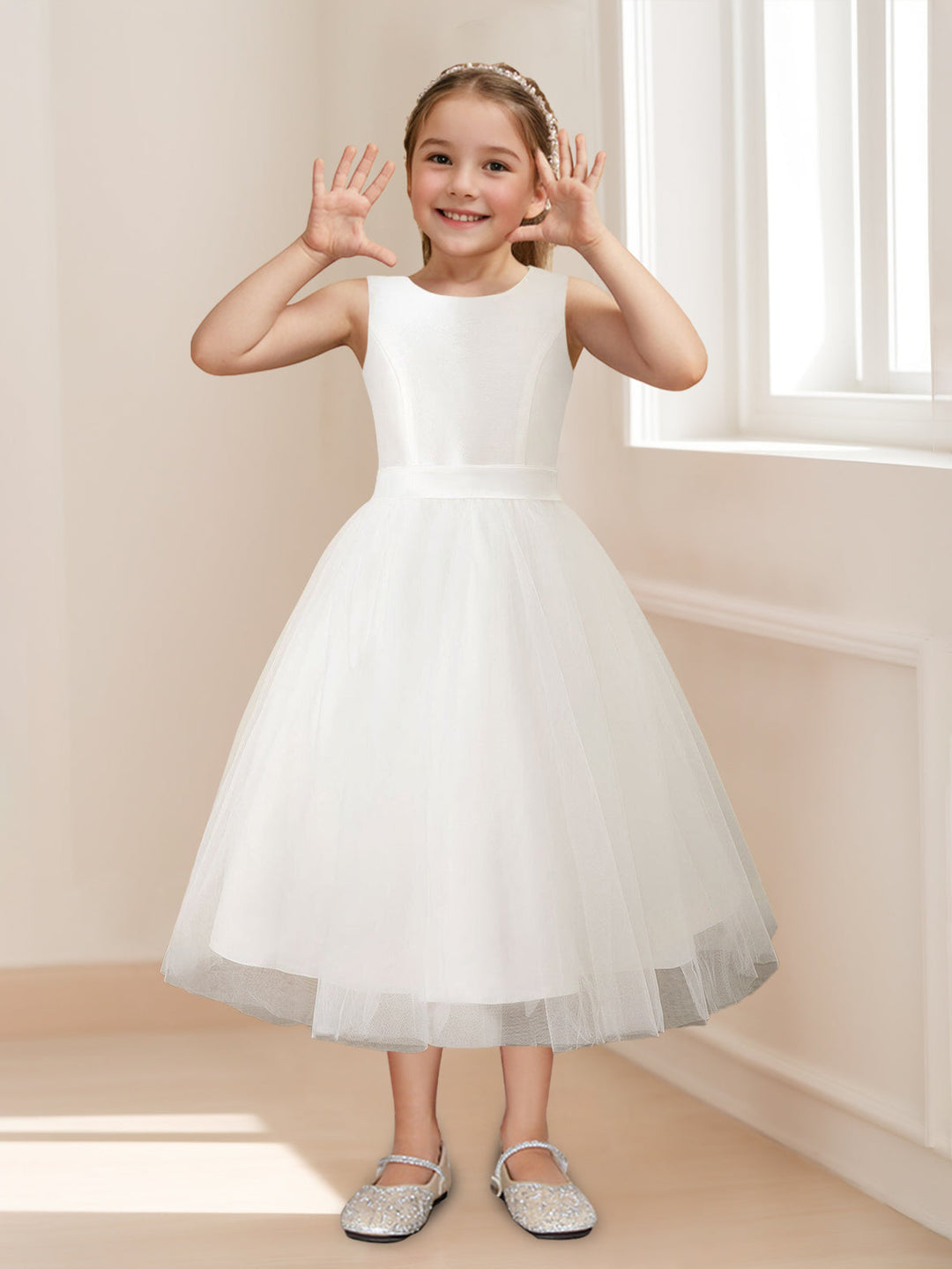 A-Line/Princess Scoop Neck Sleeveless Tea-Length Flower Girl Dress with Bowknot