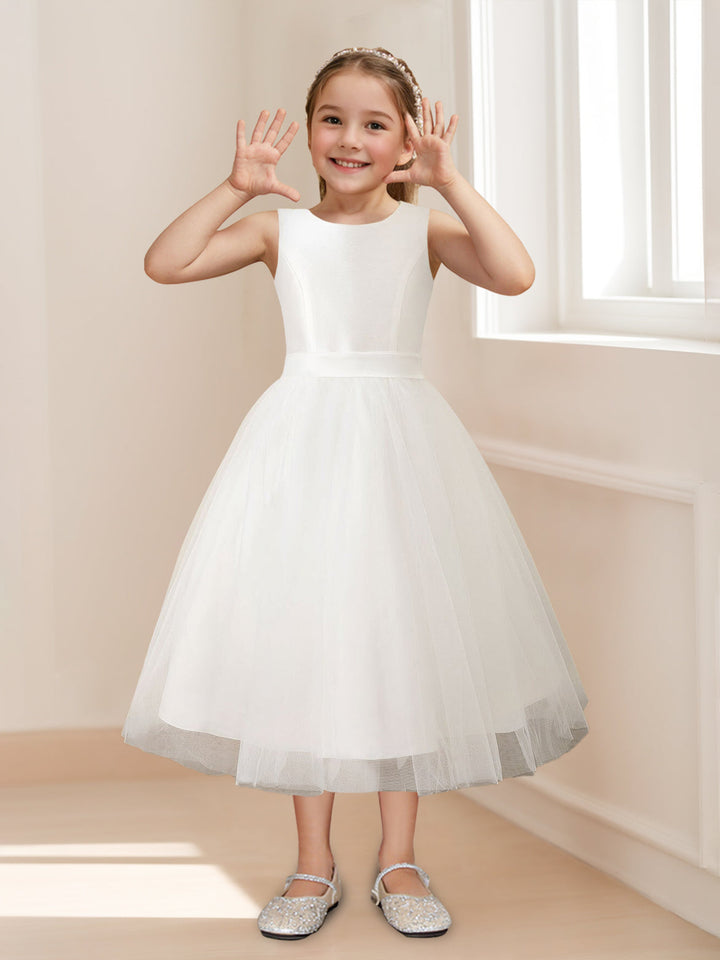 A-Line/Princess Scoop Neck Sleeveless Tea-Length Flower Girl Dress with Bowknot