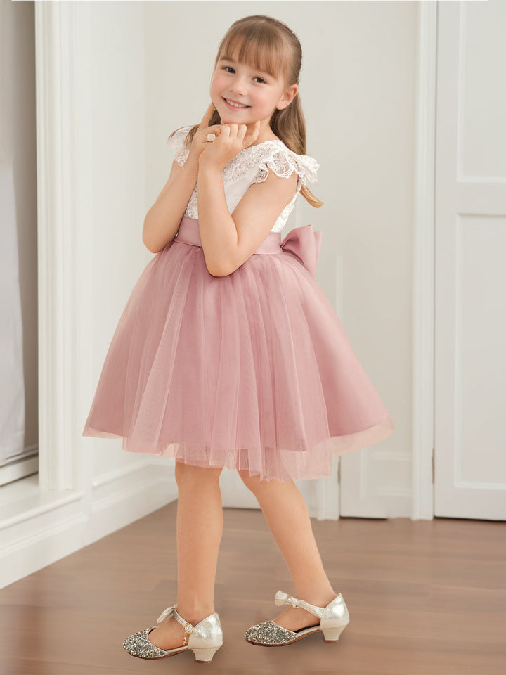 A-Line/Princess Scoop Neck Short Sleeves Knee-Length Flower Girl Dress with Appliques & Bowknot