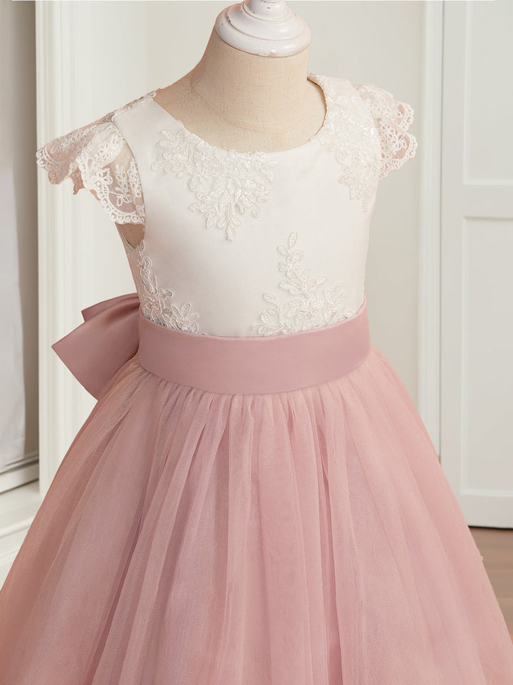 A-Line/Princess Scoop Neck Short Sleeves Knee-Length Flower Girl Dress with Appliques & Bowknot