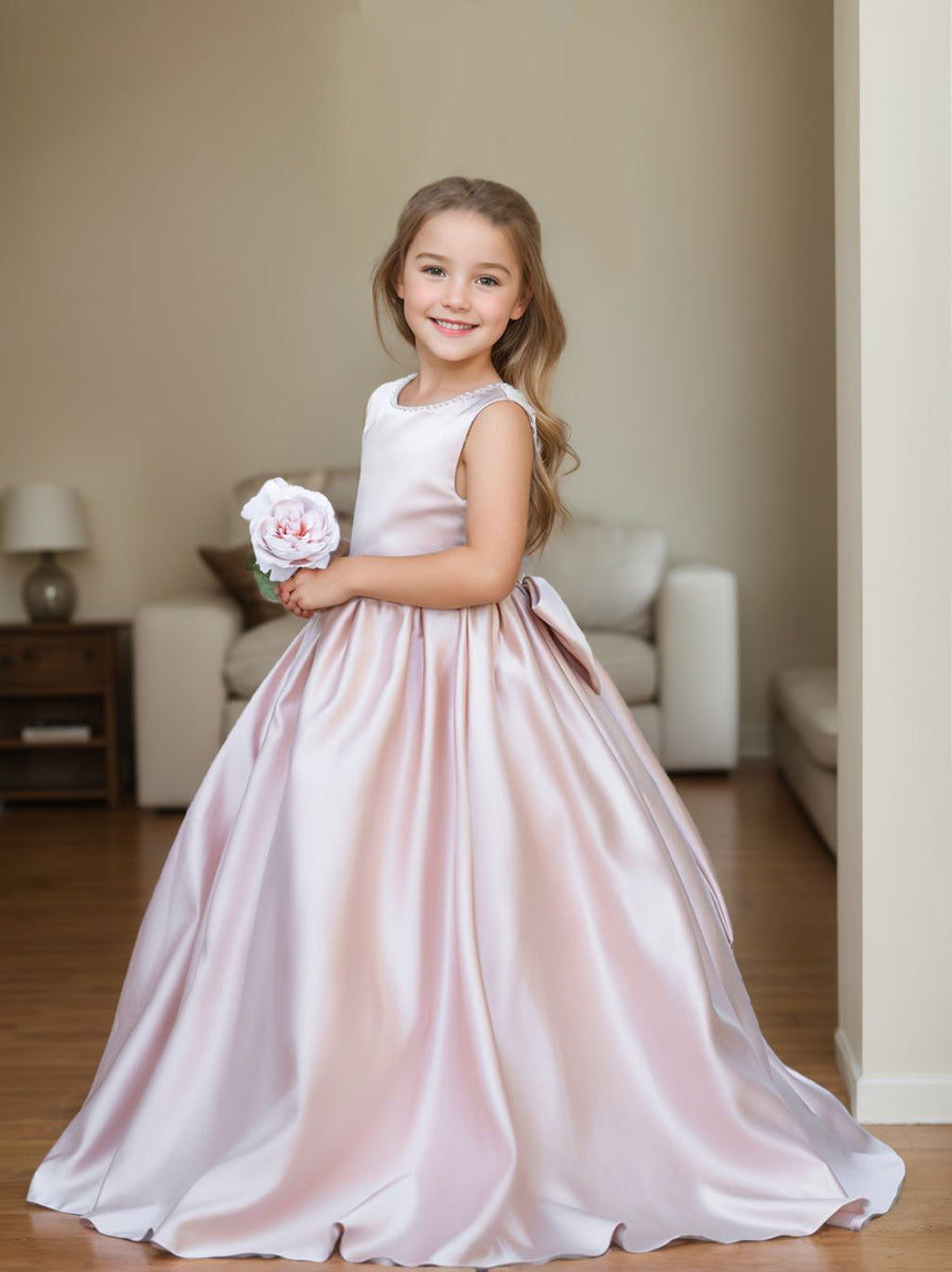 Pink Sleeveless Satin Beaded Neckline and Bow Detail Dress