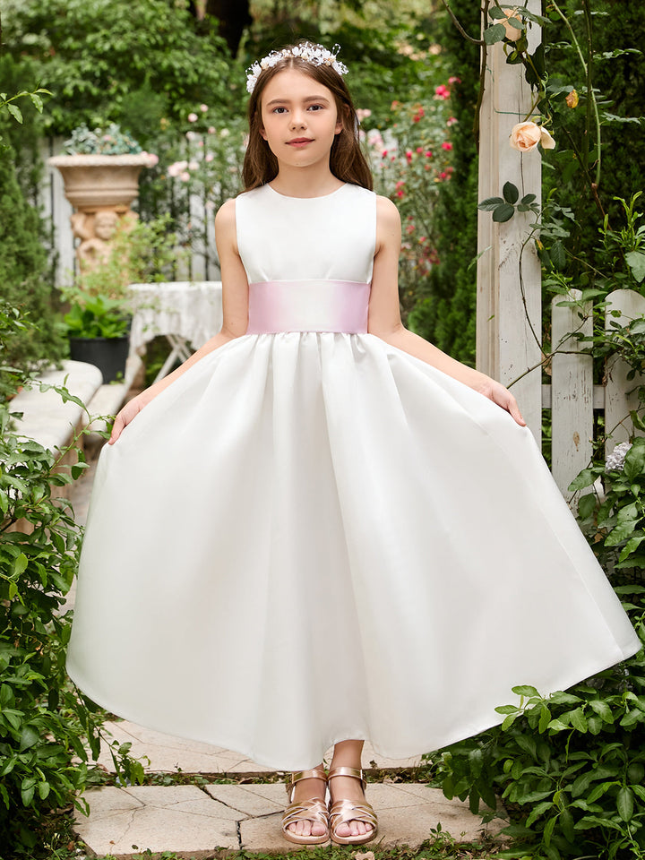 Ivory Satin Flower Girl Ball Gown with Sash Bow | Ankle-Length Tulle Dress