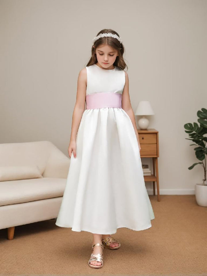Ivory Satin Flower Girl Ball Gown with Sash Bow | Ankle-Length Tulle Dress