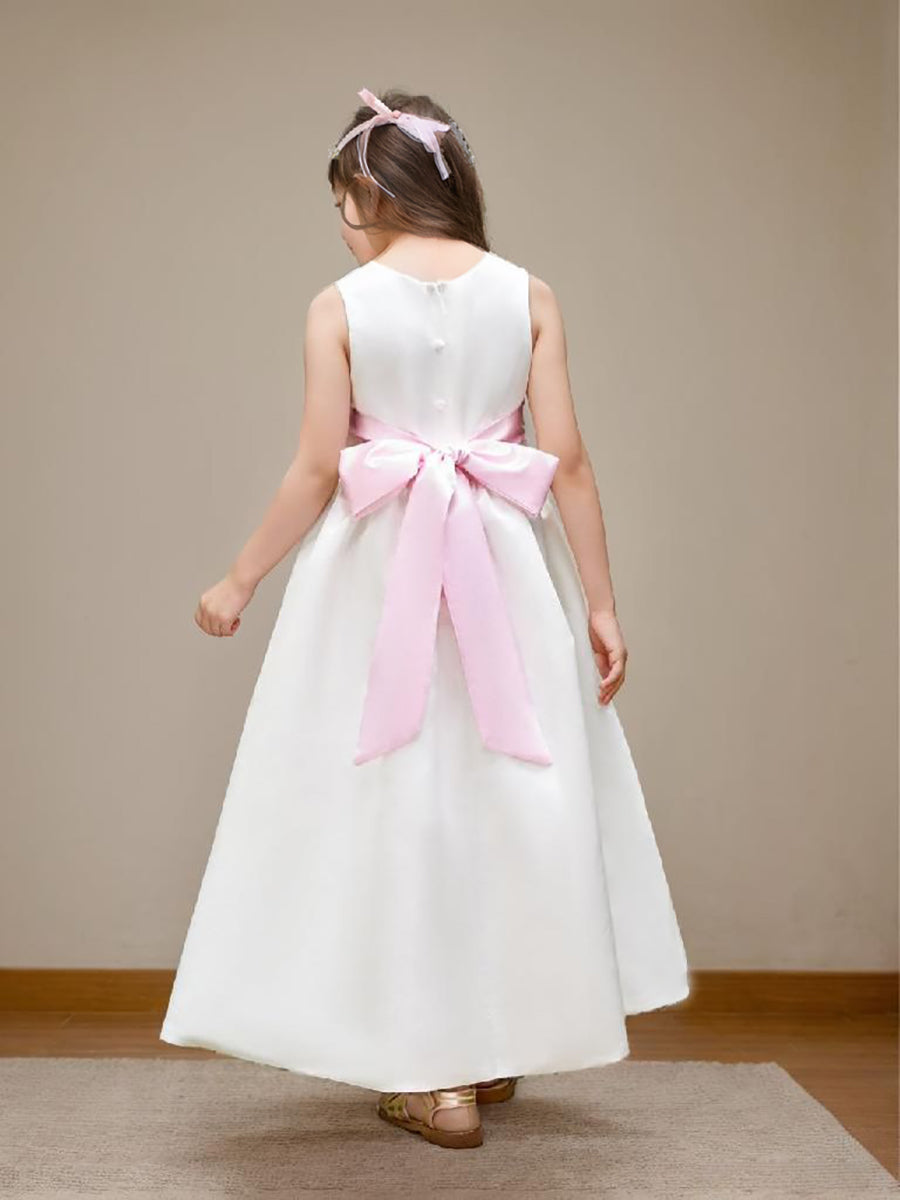 Ivory Satin Flower Girl Ball Gown with Sash Bow | Ankle-Length Tulle Dress