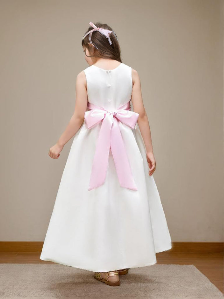 Ivory Satin Flower Girl Ball Gown with Sash Bow | Ankle-Length Tulle Dress