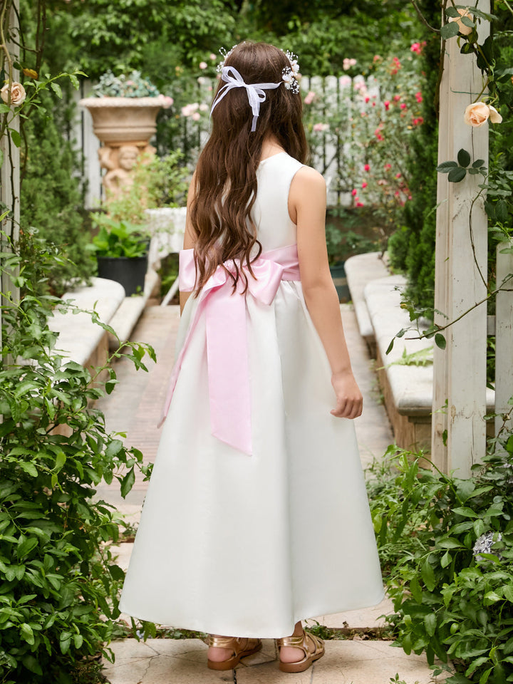 Ivory Satin Flower Girl Ball Gown with Sash Bow | Ankle-Length Tulle Dress