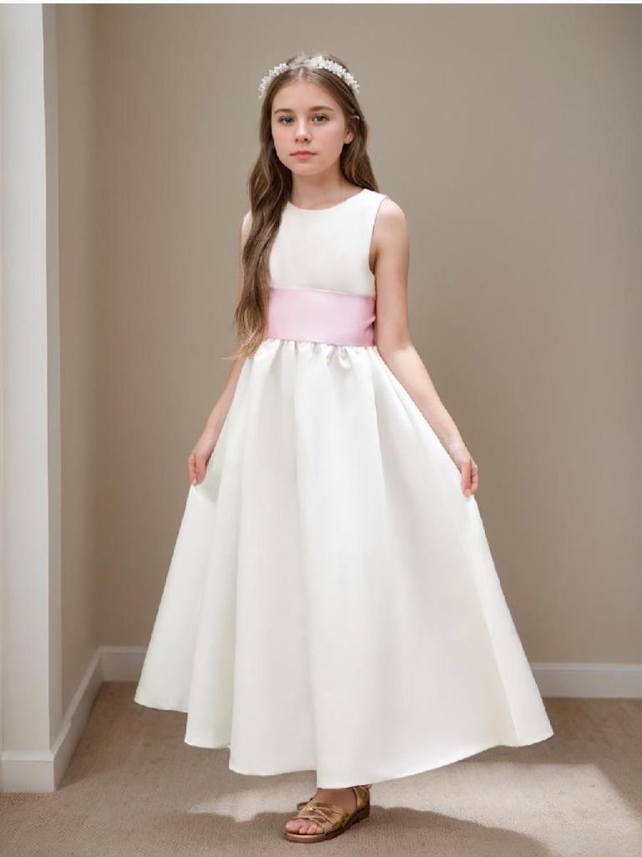 Ivory Satin Flower Girl Ball Gown with Sash Bow | Ankle-Length Tulle Dress