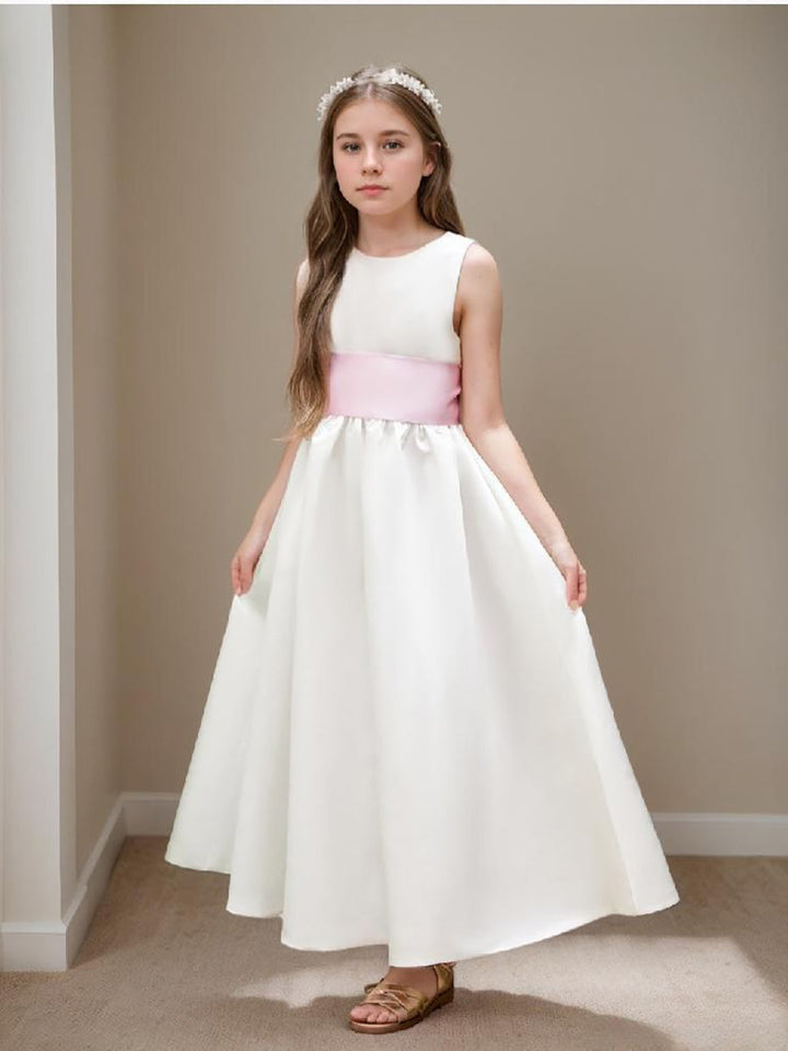 Ivory Satin Flower Girl Ball Gown with Sash Bow | Ankle-Length Tulle Dress