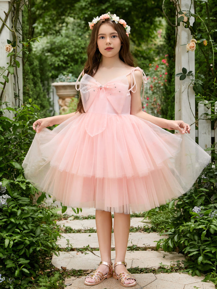 A-line Tulle Knee-length Pearl Pink Dress