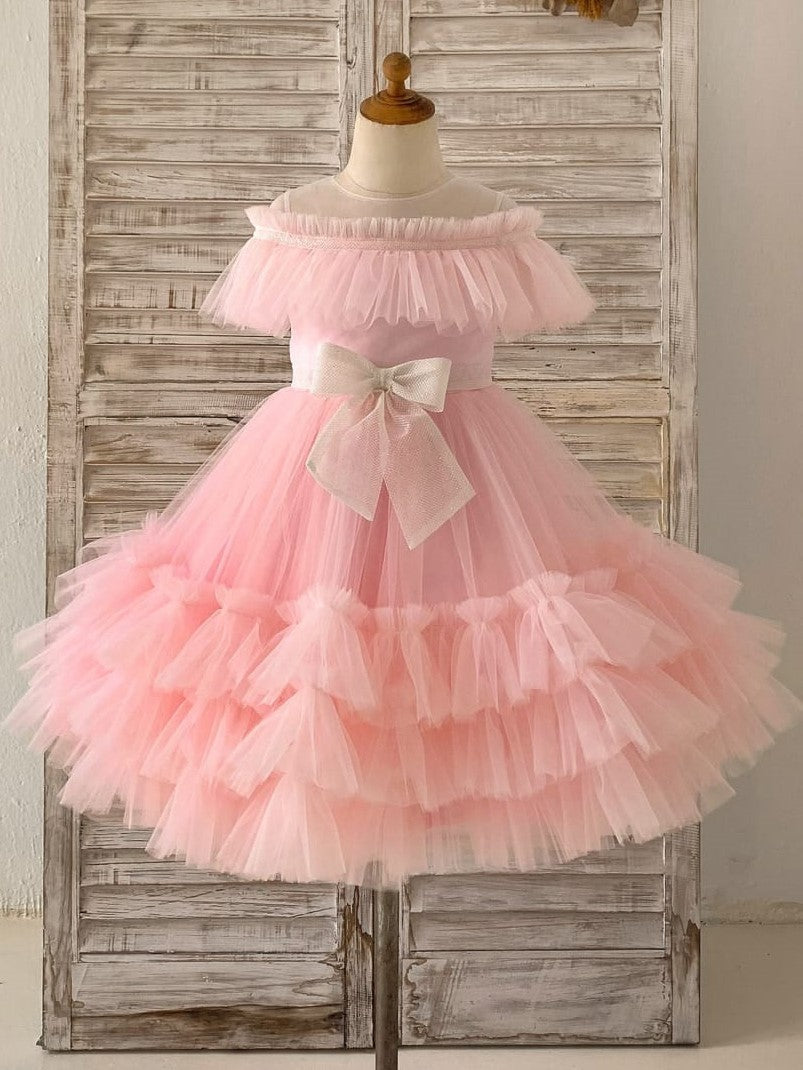Tulle Knee-length Pink Girl's Party Dress
