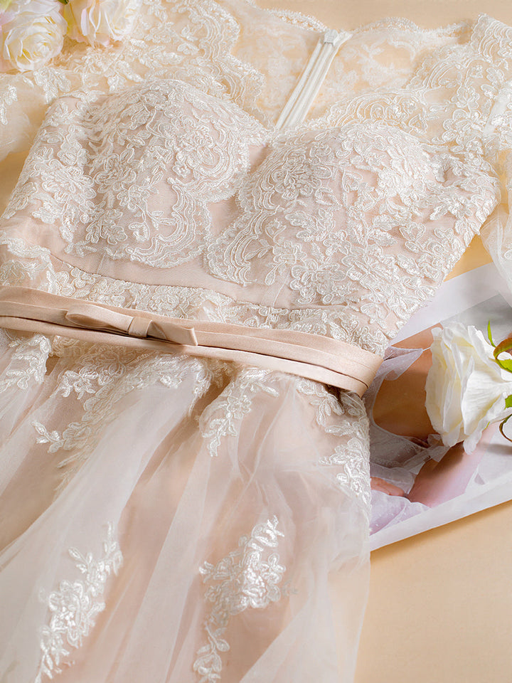 A-Line/Princess V-Neck 3/4 Length Sleeves Asymmetrical Wedding Dress with Lace Embroidery