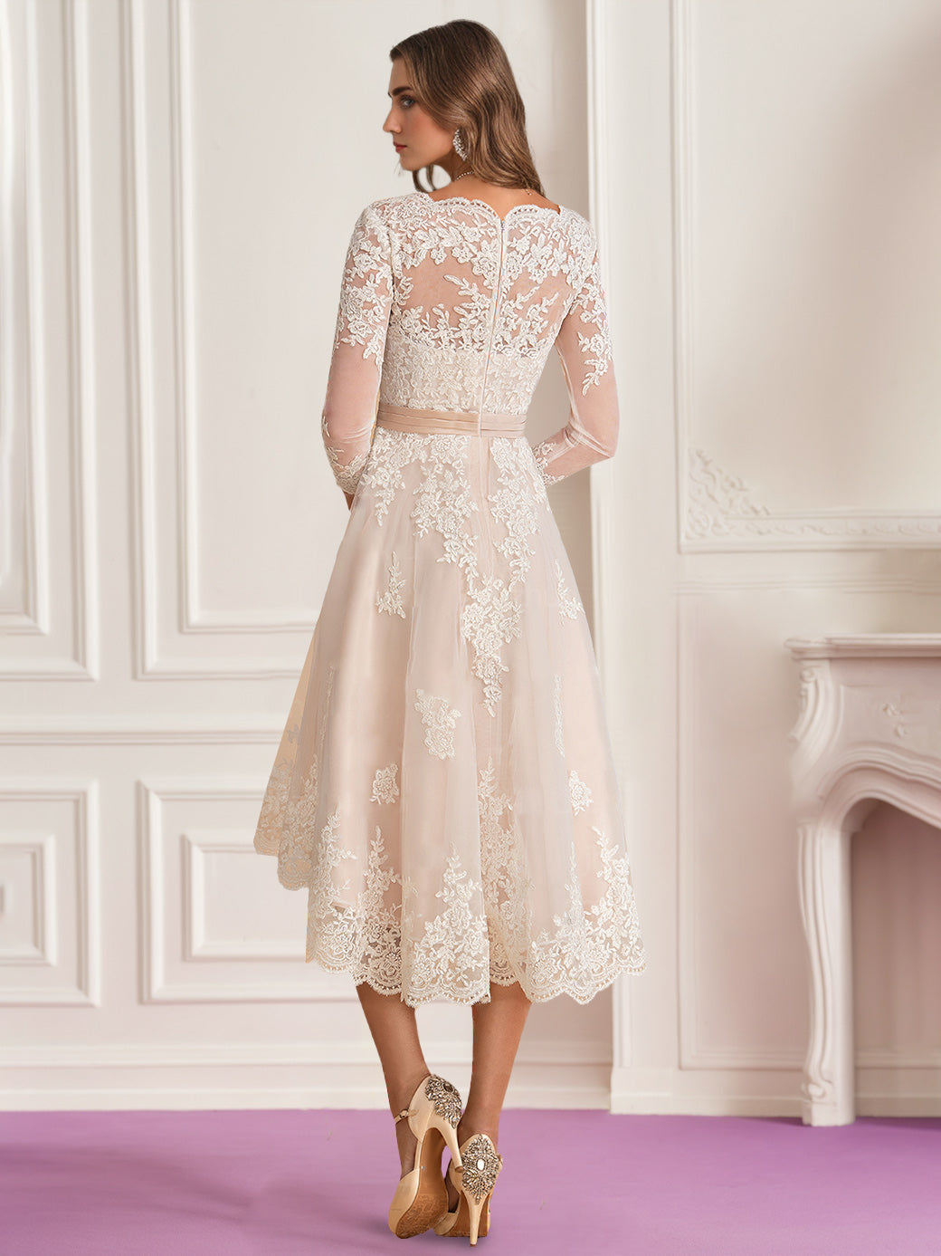A-Line/Princess V-Neck 3/4 Length Sleeves Asymmetrical Wedding Dress with Lace Embroidery