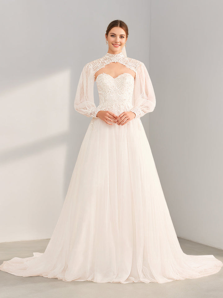A-Line/Princess Halter Neck Long Sleeves Floor-Length Long Wedding Dress with Lace & Appliques