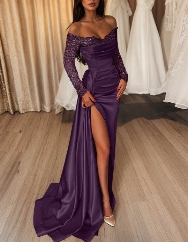 Sheath/Column Off-the-Shoulder Evening Dresses Satin Floor-length Long With Split Side Sequins