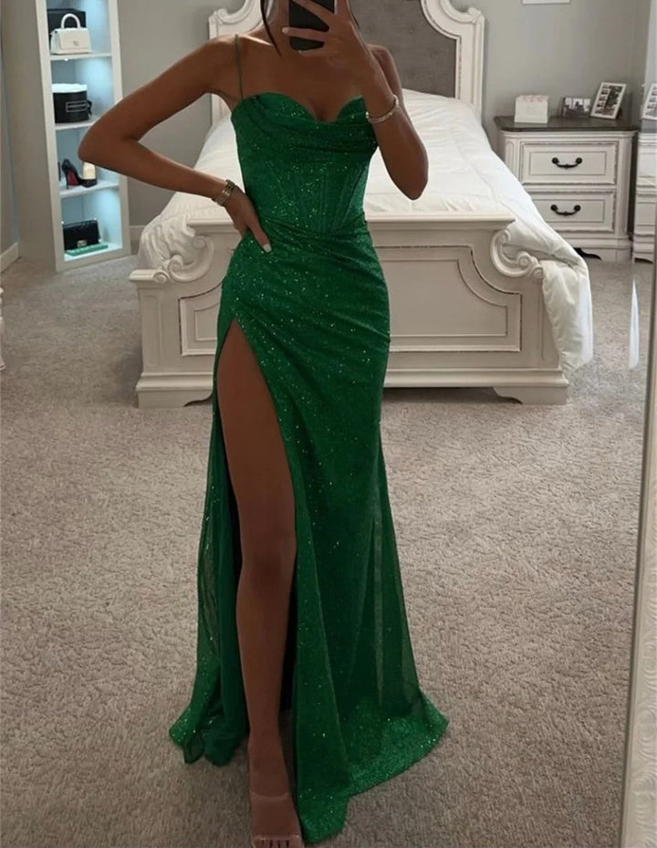 Sheath/Column Sequins Spaghetti Straps Evening Dresses Floor-length Formal Dresses With Split Side