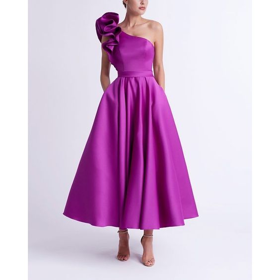A-Line One-Shoulder Wedding Guest Cocktail Dresses Tea-Length  With Ruffles