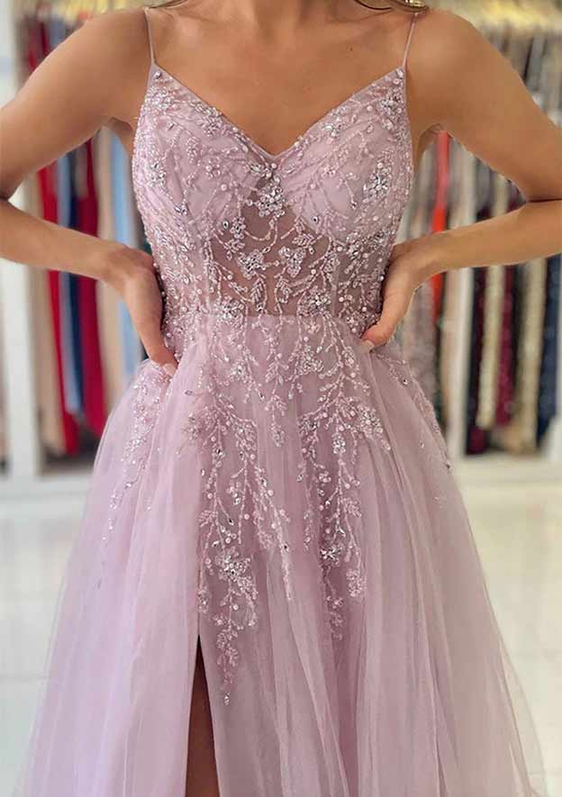 A-Line/Princess V-Neck Spaghetti Straps Long Formal Dresses With Split Side