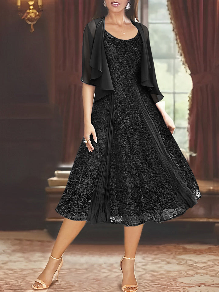 A-Line/Princess Scoop Half Sleeves Tea-Length Mother of the Bride Dresses with Appliques & Wrap