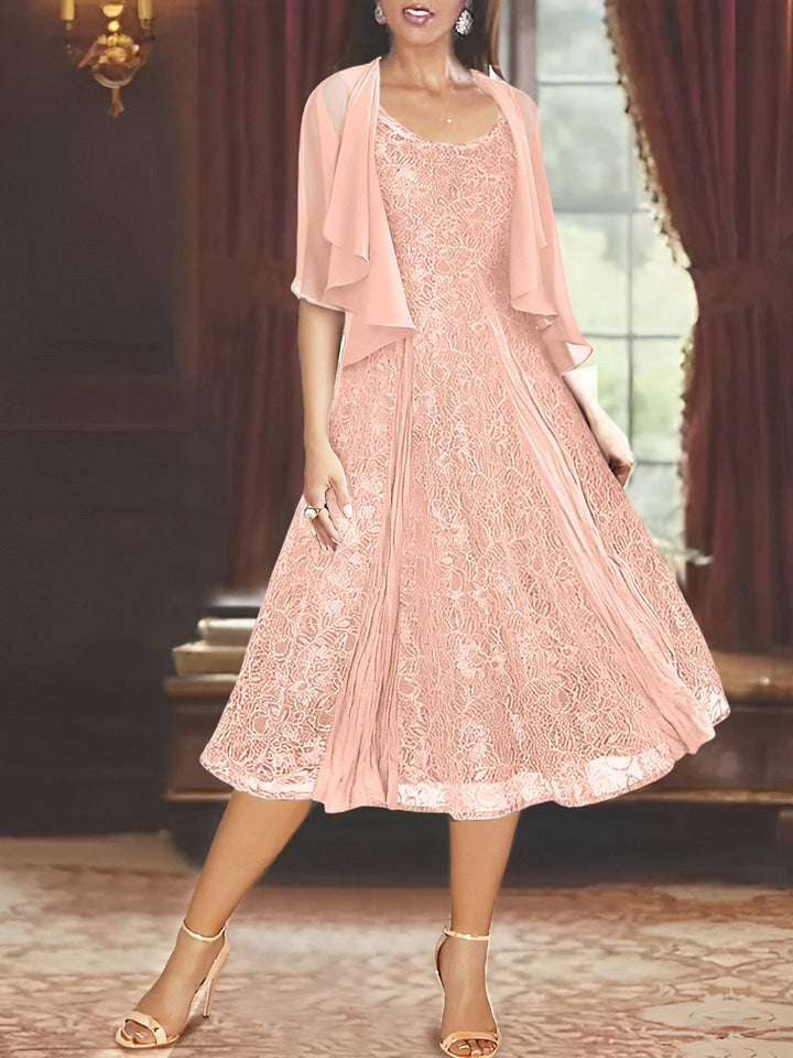 A-Line/Princess Scoop Half Sleeves Tea-Length Mother of the Bride Dresses with Appliques & Wrap