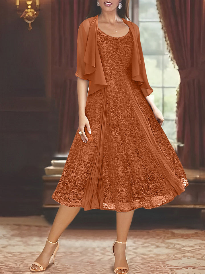 A-Line/Princess Scoop Half Sleeves Tea-Length Mother of the Bride Dresses with Appliques & Wrap