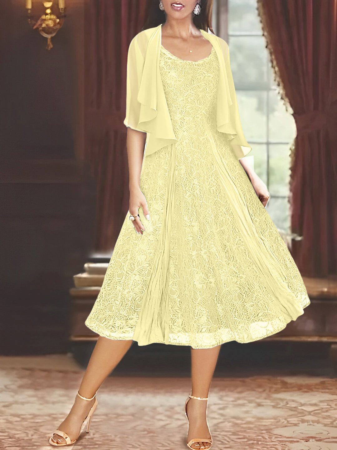 A-Line/Princess Scoop Half Sleeves Tea-Length Mother of the Bride Dresses with Appliques & Wrap