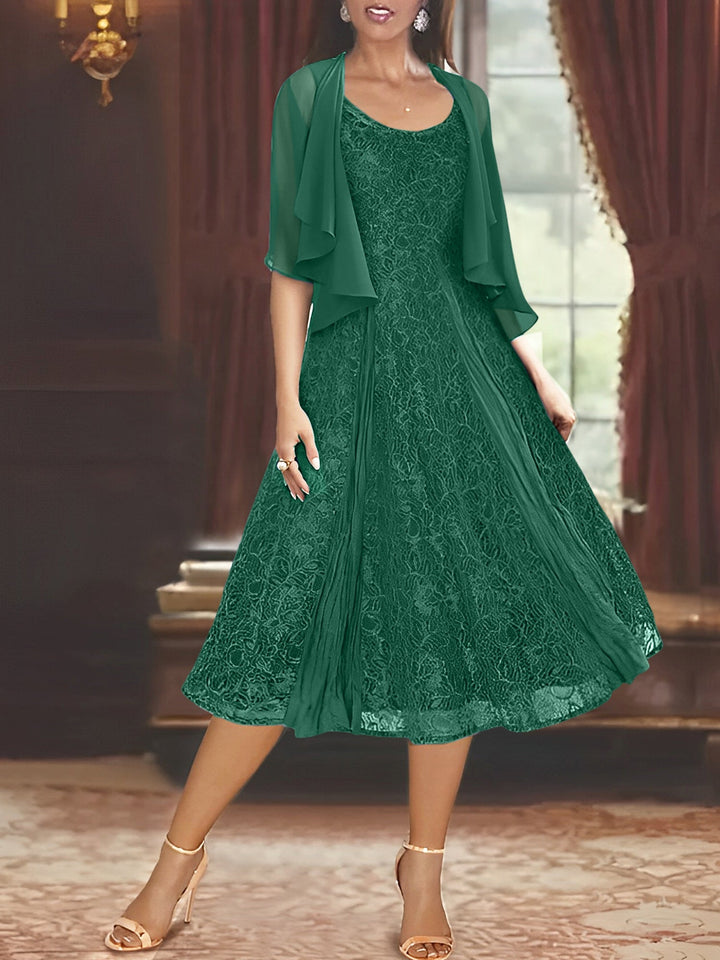 A-Line/Princess Scoop Half Sleeves Tea-Length Mother of the Bride Dresses with Appliques & Wrap