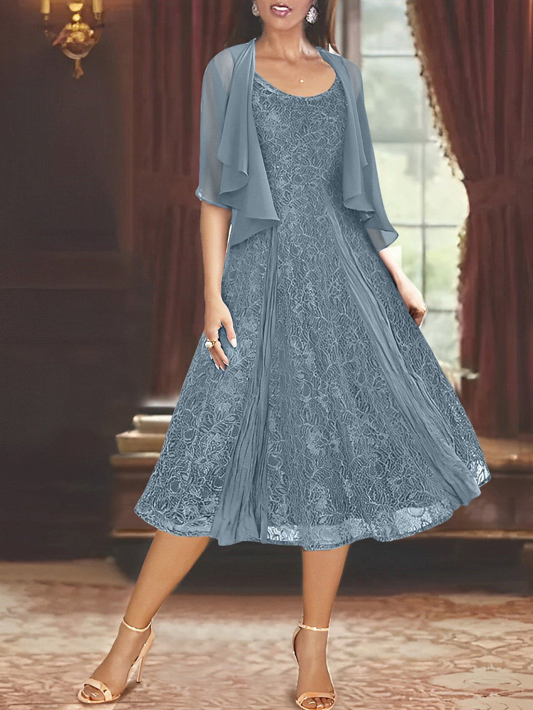 A-Line/Princess Scoop Half Sleeves Tea-Length Mother of the Bride Dresses with Appliques & Wrap