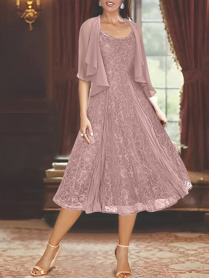 A-Line/Princess Scoop Half Sleeves Tea-Length Mother of the Bride Dresses with Appliques & Wrap
