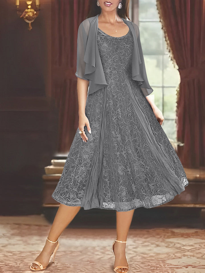 A-Line/Princess Scoop Half Sleeves Tea-Length Mother of the Bride Dresses with Appliques & Wrap