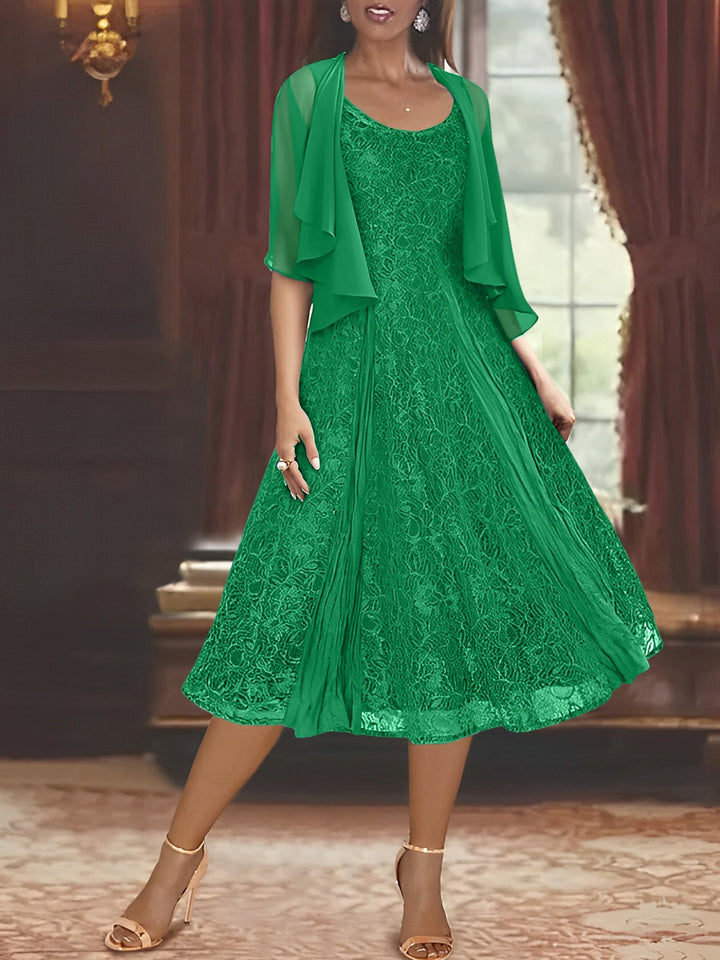 A-Line/Princess Scoop Half Sleeves Tea-Length Mother of the Bride Dresses with Appliques & Wrap