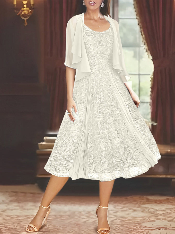 A-Line/Princess Scoop Half Sleeves Tea-Length Mother of the Bride Dresses with Appliques & Wrap