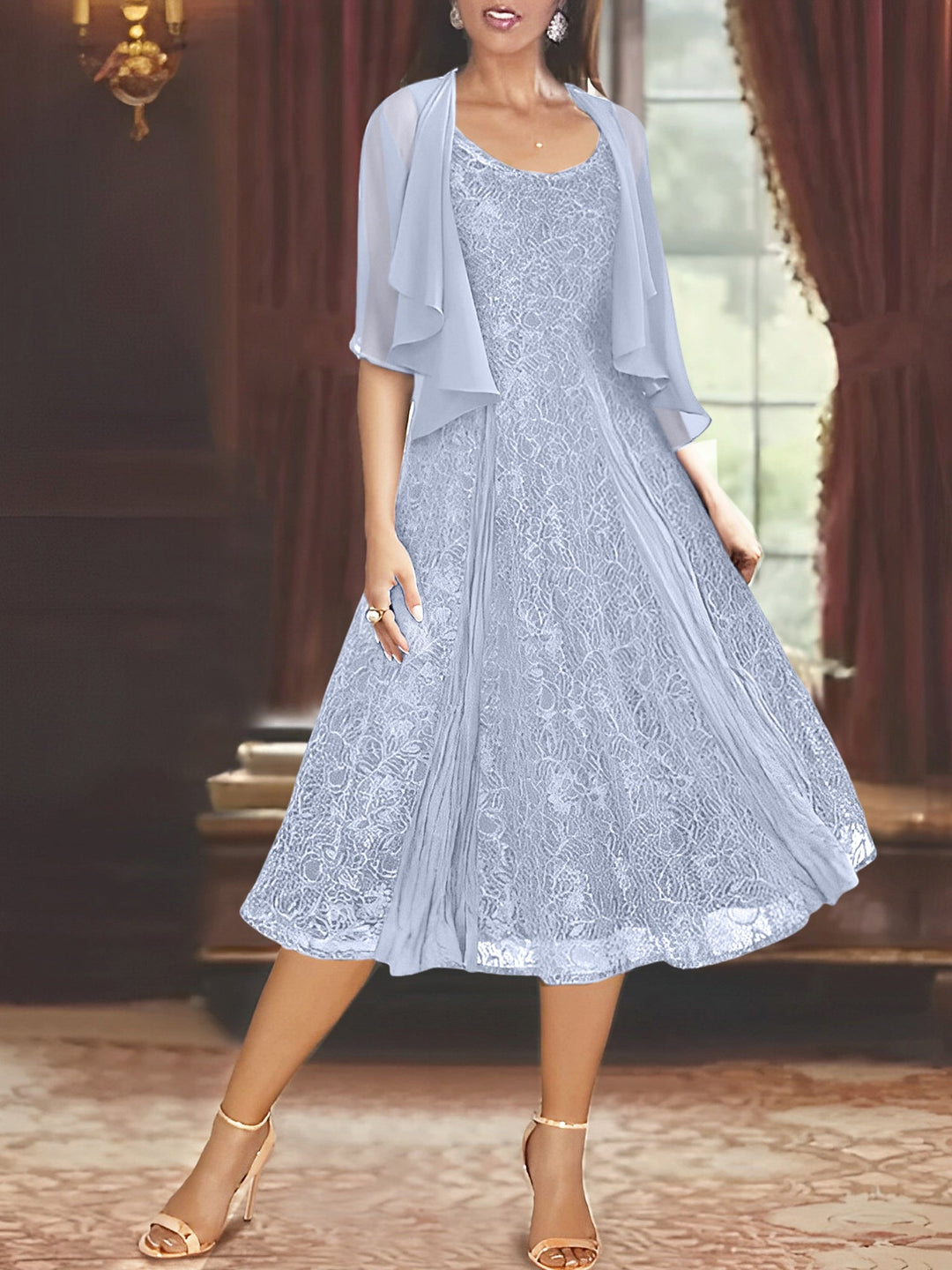 A-Line/Princess Scoop Half Sleeves Tea-Length Mother of the Bride Dresses with Appliques & Wrap
