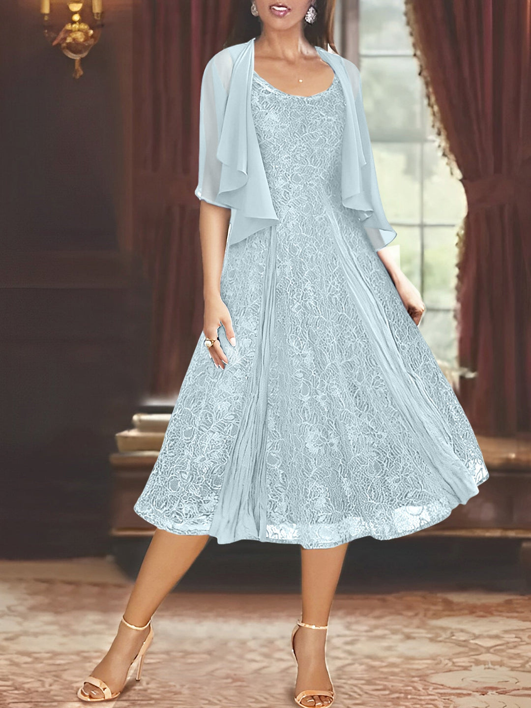 A-Line/Princess Scoop Half Sleeves Tea-Length Mother of the Bride Dresses with Appliques & Wrap