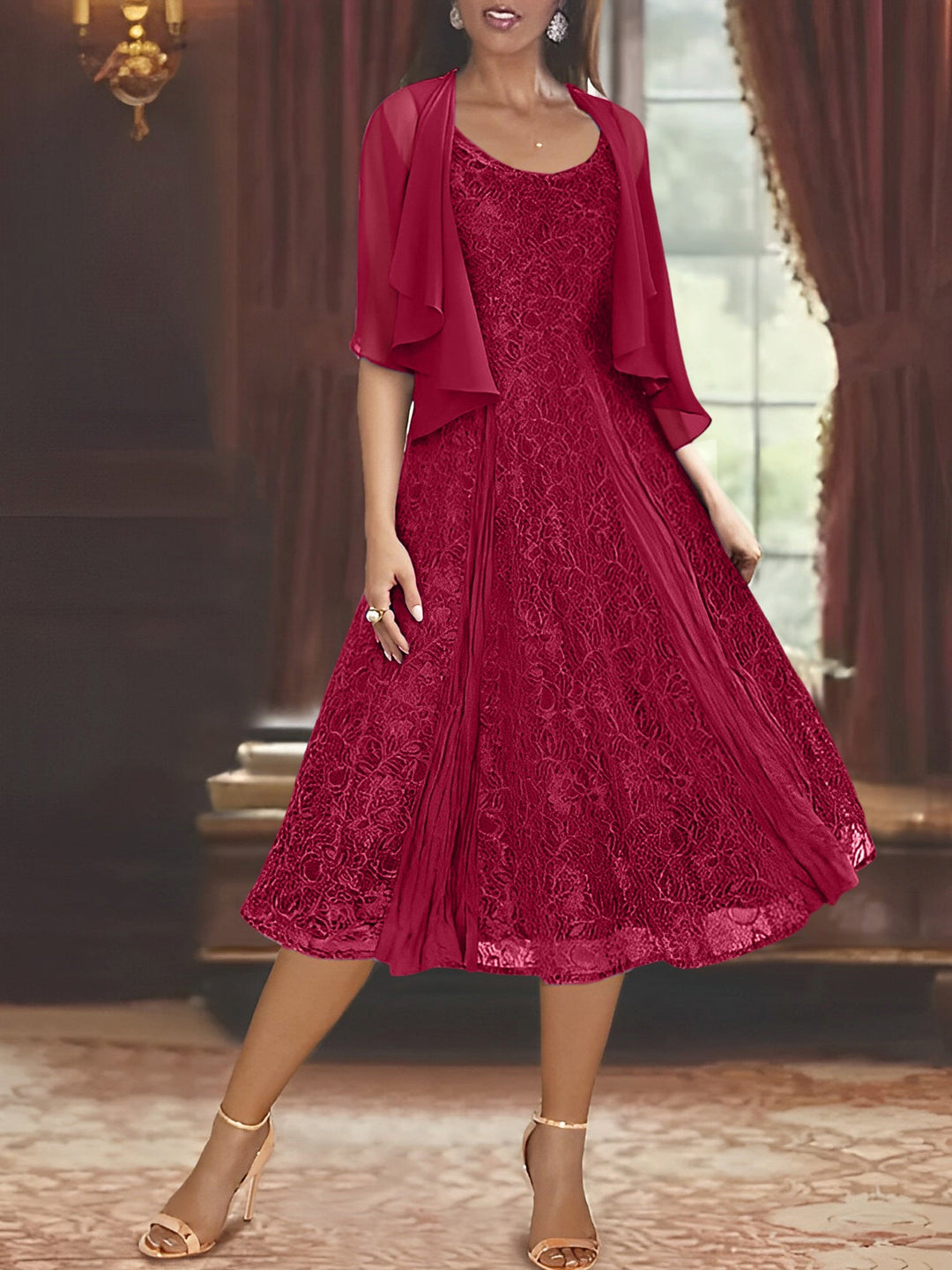 A-Line/Princess Scoop Half Sleeves Tea-Length Mother of the Bride Dresses with Appliques & Wrap