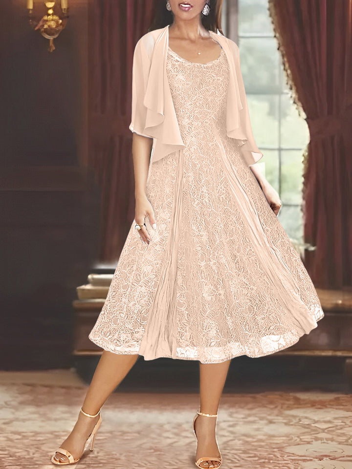 A-Line/Princess Scoop Half Sleeves Tea-Length Mother of the Bride Dresses with Appliques & Wrap